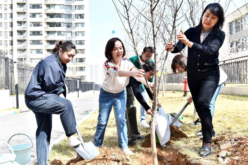 老師、家長和孩子們共同參與植樹活動。李天藝攝