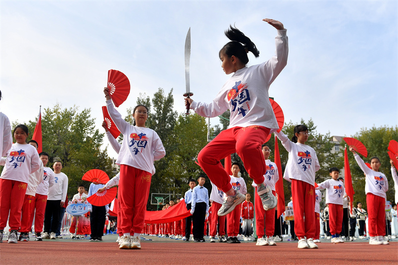 運動會上，孩子們在開幕式上表演武術(shù)。王海濱攝